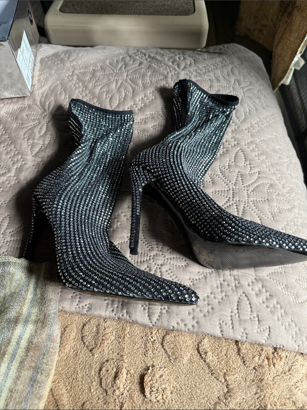 Crystal-Studded Black Pointed Stiletto Ankle Boots - Women's